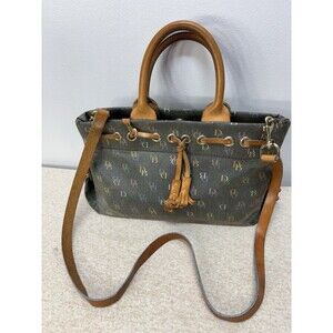 Rare Dooney & Bourke Purse Signature Logo Leather Canvas Tassel Tote Gray 12x7”
